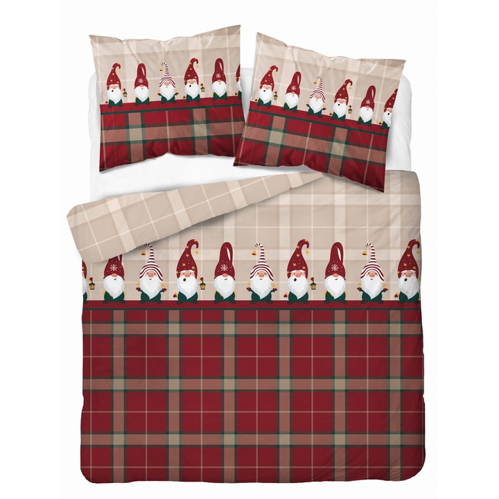 Lenjerie de pat set, Detexpol, 220x200cm, 100% bumbac, rosu cu motive de Craciun, 2 perne 70x80cm