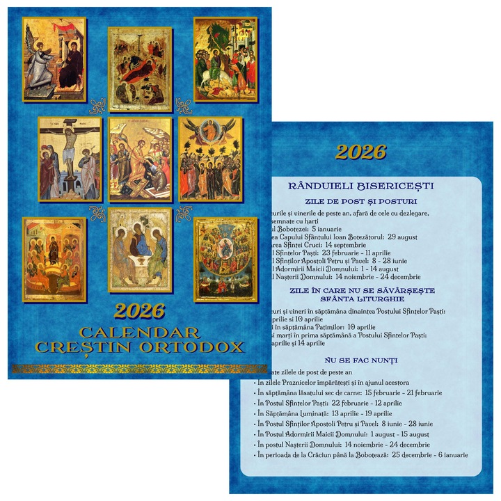 Calendar ortodox 2026, de perete, format A3, albastru
