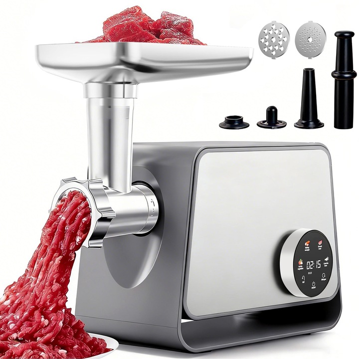 Машина за мелене, Ultrixe, Мултифункционална, 1200W, Дигитален дисплей, Нож от неръждаема стомана и сита, Приставка за колбаси, Функция за обръщане, Мелене, Колбаси, Кибе и настъргано сирене за домашна употреба, Сребриста