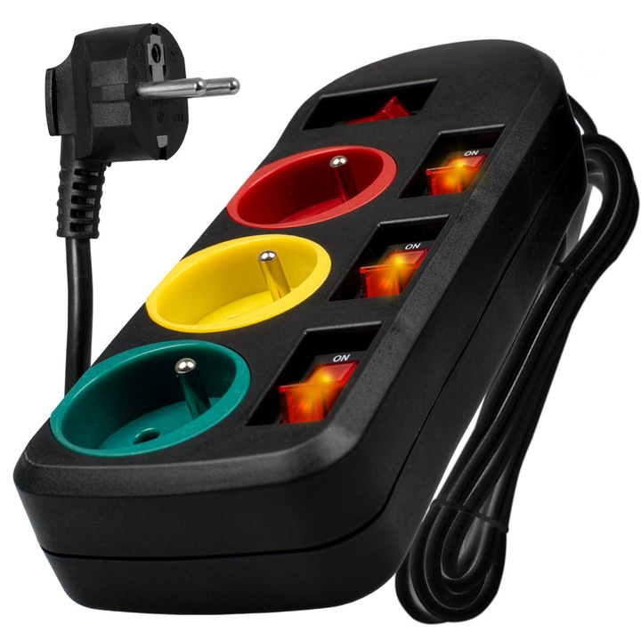 3M Vayox VA0401 Hosszabbító, 3 Schuko Aljzat, 4 Egyedi Kapcsoló, Fekete