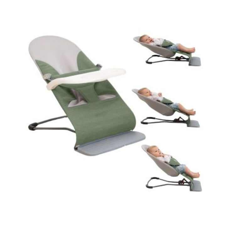Balansoar bebelusi ergonomic cu 3 pozitii de inclinare a spatarului Kidizi Rumi cu tavita detasabila verde, recomandat de la nastere