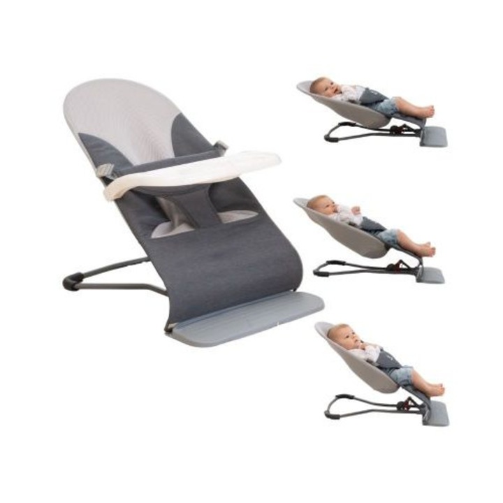 Balansoar bebelusi ergonomic cu 3 pozitii de inclinare a spatarului Kidizi Rumi cu tavita detasabila gri, recomandat de la nastere