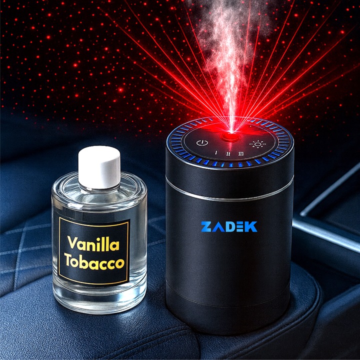 Odorizant auto smart ZADEK®, 80 ml, control inteligent, difuzie automata in 3 trepte, proiectie stelara, lumini ambientale, USB-C, carcasa aluminiu, aroma Vanilla Tobacco premium