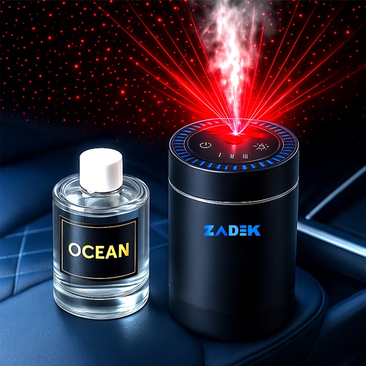 Odorizant auto smart ZADEK®, 80 ml, control inteligent, difuzie automata in 3 trepte, proiectie stelara, lumini ambientale, USB-C, carcasa aluminiu, aroma Ocean premium