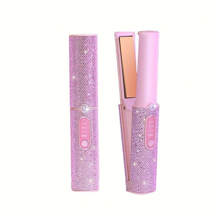 Placa de indreptat parul fara fir, ORBER, portabil, 2 in 1, Fier de indreptat/ondulat parul, trei setari de temperatura reglabile, 5000 mAh, Potrivit pentru petreceri si calatorii, Roz