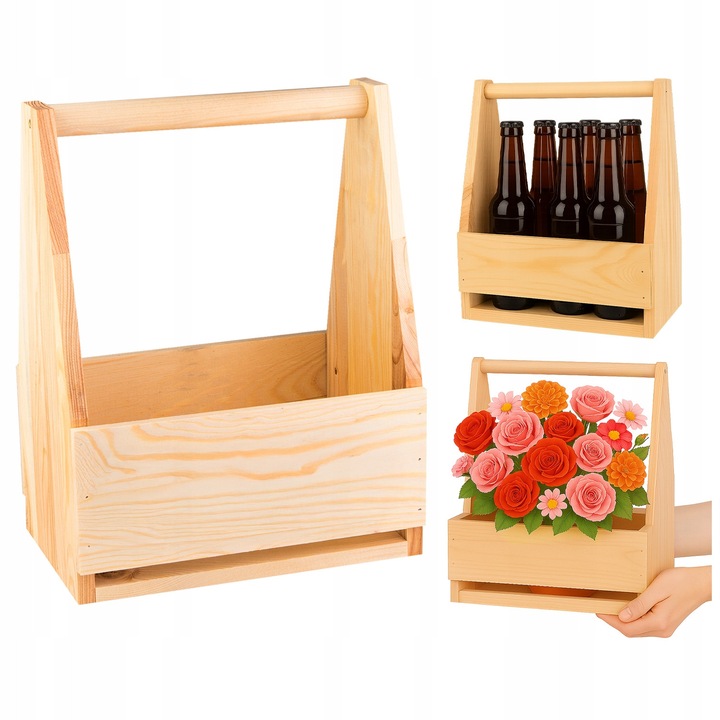 Cutie Din Lemn, Fabricata Din Lemn Natural, Constructie Solida Cu Maner, Forma Universala, Posibilitate de Personalizare si Decorare, 33 x 25 x 17 cm, Multicolora, Pentru 6 Sticle