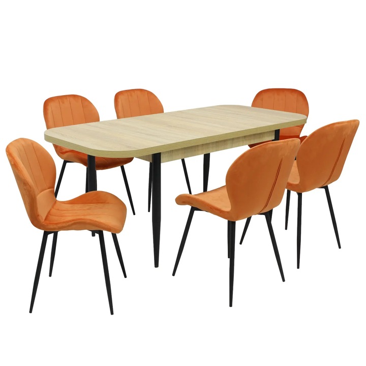 Set masa extensibila Viena Stejar cu 6 Scaune Topaz Portocaliu, picioare negre, tapiterie din material textil, dreptunghiulara, blat din PAL laminat, 140x80x75 cm