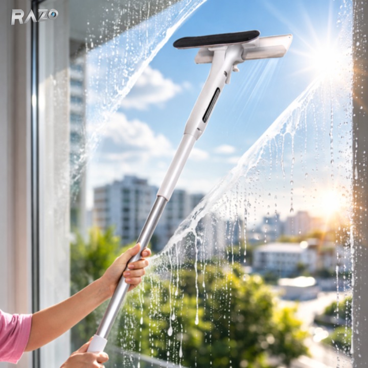Stergator geamuri 2 in 1 RAZO cu pulverizator, Colector automat apa, Maner aluminiu 110 cm, Curatare fara urme