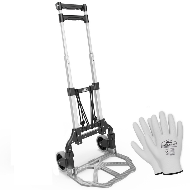 Количка за транспортиране на товари с колела Gardebruk, 63-100 x 41 x 39 см, Телескопична дръжка, Сгъваема, С ръкавици, Товароносимост 80 кг, Алуминий, Сребрист/Черен