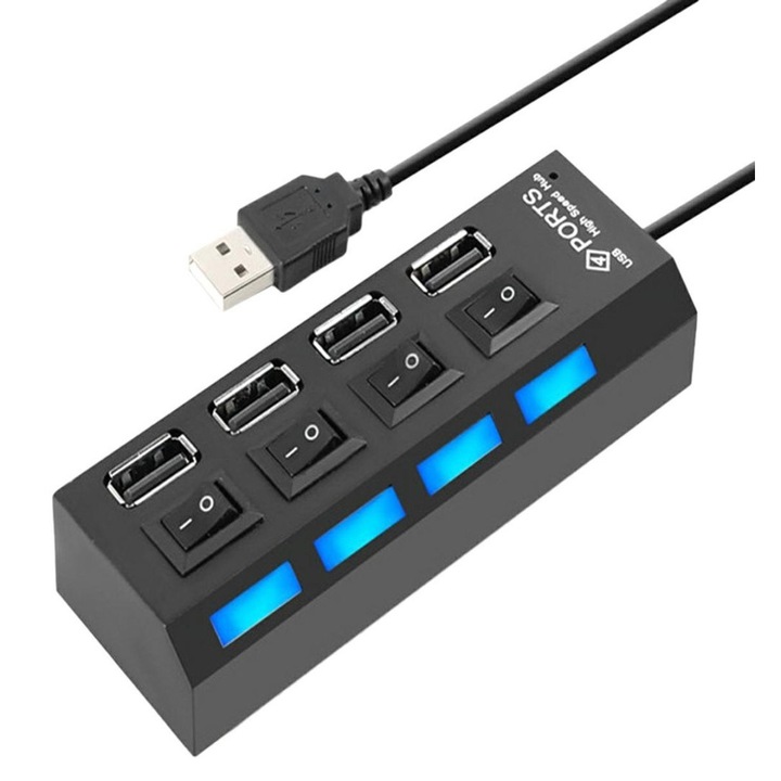 USB 2.0 активен хъб с 4 порта и превключватели, черен, 10,5x3x2см