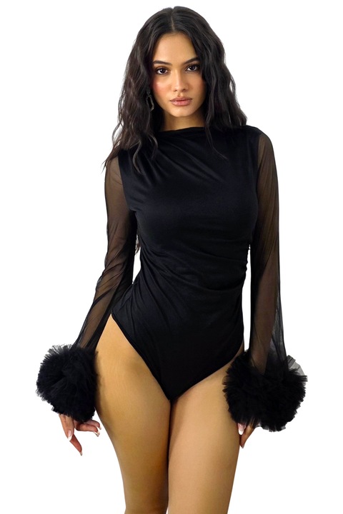 Боди с ръкави от тюл AMELL и маншети с волани, Черен