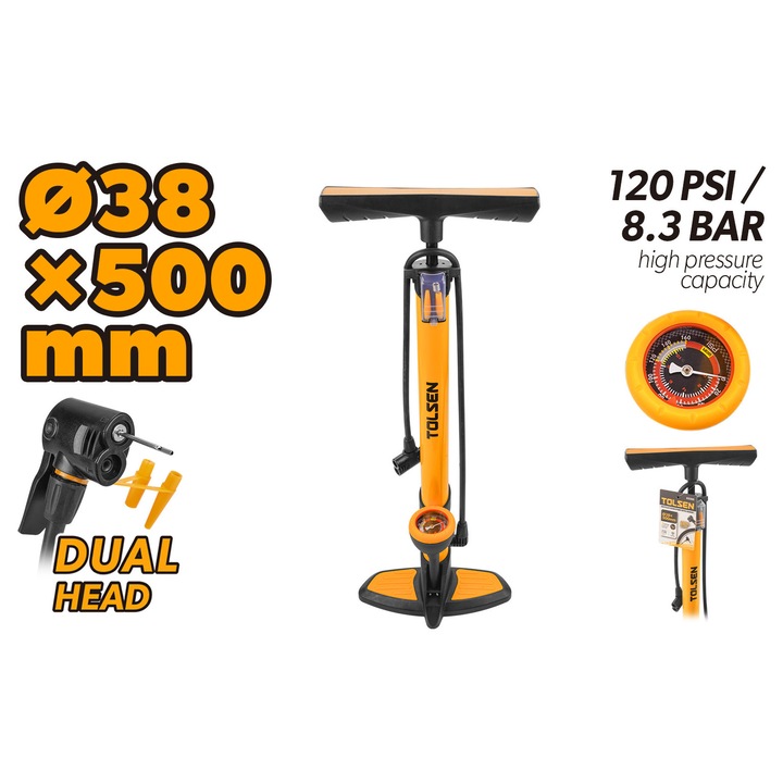 TOLSEN Подова помпа за велосипед, манометър, метално тяло Ø38x500мм, ергономична найлонова дръжка, съвместима с Presta/Schrader/Dunlop, включва игли за топка и газ, максимално налягане 120 PSI