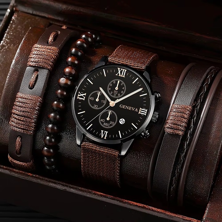 Set Zgarde pentru Bărbați, Zegare cu Cifere Romane, Brățări din Piele Naturala, Multicolor