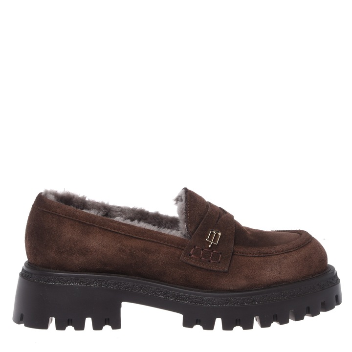 Baldinini, Pantofi loafer de piele intoarsa cu captuseala de blana, Maro inchis