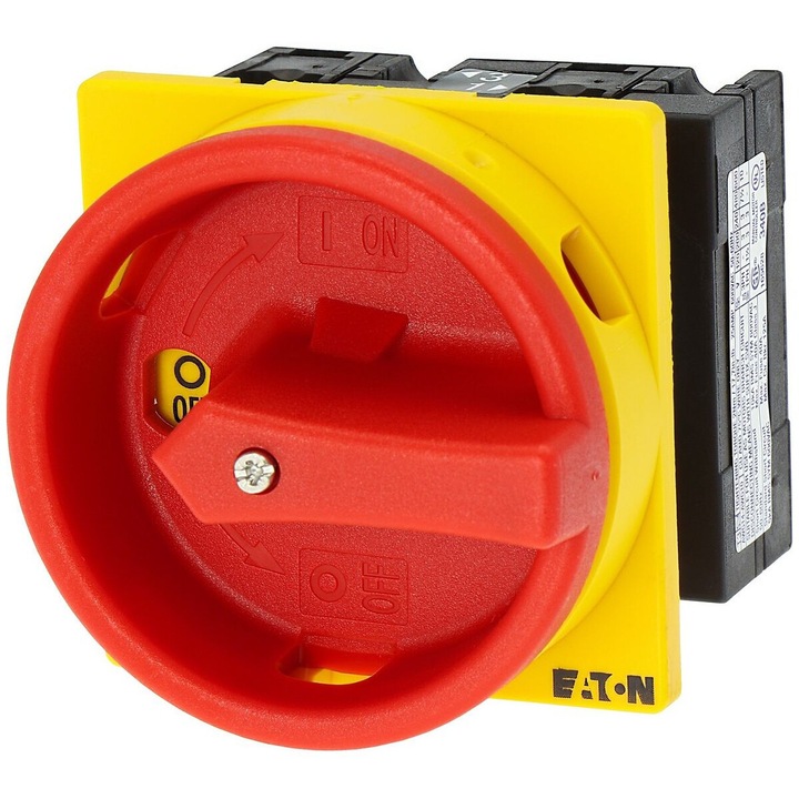 Eaton T3 keresztkapcsoló, 32A, 690V, IP65, piros fogantyúval és sárga gyűrűvel