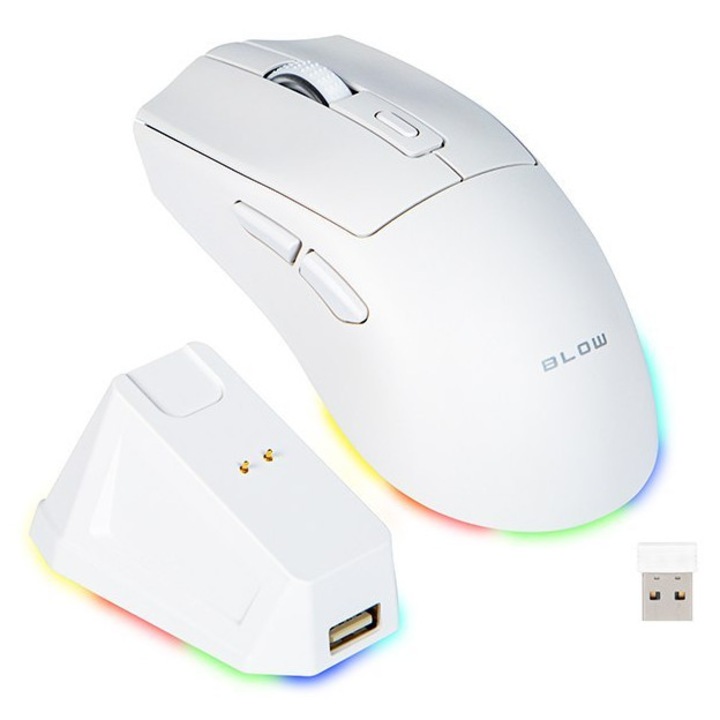 Mysz optica wireless BLOW Adrenaline OMEGA, 7200 DPI, 6 butoane, iluminare LED RGB, alb, set cu statie de incarcare USB hub