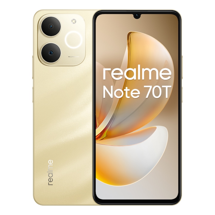 Smartphone realme Note 70T 4G 4+64 GB, ecran de 6,75 inci, culoare Beach Gold, afisaj de 90 Hz, baterie de 6000 mAh, camera de 32 MP, procesor octa-core puternic, IP54