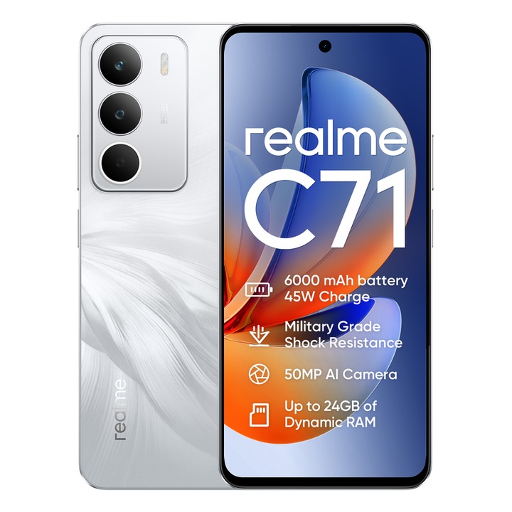 Смартфон Realme C71 4G 8+256GB, бял, 6.67 инчов екран, 120Hz честота на опресняване, 45W бързо зареждане