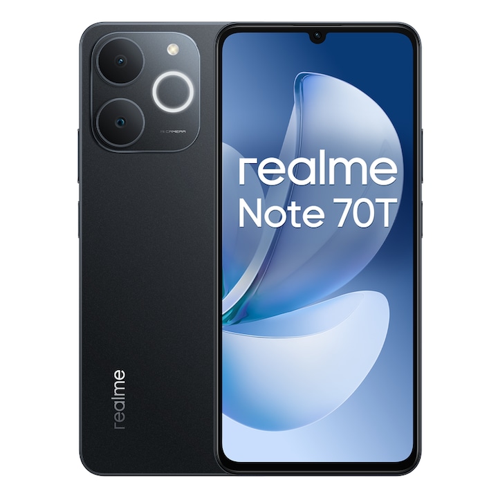 Смартфон realme Note 70T 4G 4+128 GB, 6,75 инча екран, обсидианово черно, 90 Hz дисплей, 6000 mAh батерия, 32 MP камера, мощен осемядрен процесор, IP54