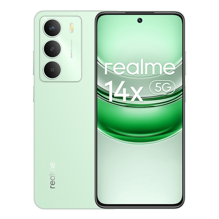 Smartphone Realme 14x 5G, 6 GB RAM + 128 GB ROM, verde, ecran de 6,67 inci, afisaj de 120 Hz, baterie de 5000 mAh, camera AI de 50 MP, MediaTek Dimensity 6300, protectie ArmorShell, IP64