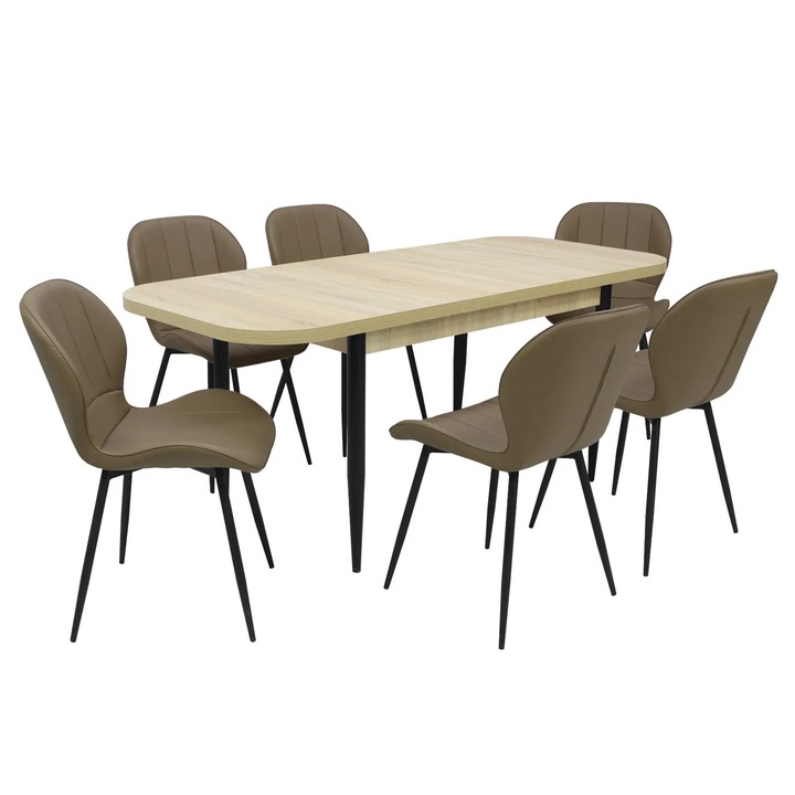 Set masa extensibila Viena Stejar cu 6 Scaune Piele Topaz Capucino, picioare negre, tapiterie din piele ecological, dreptunghiulara, blat din PAL laminat, 140x80x75 cm
