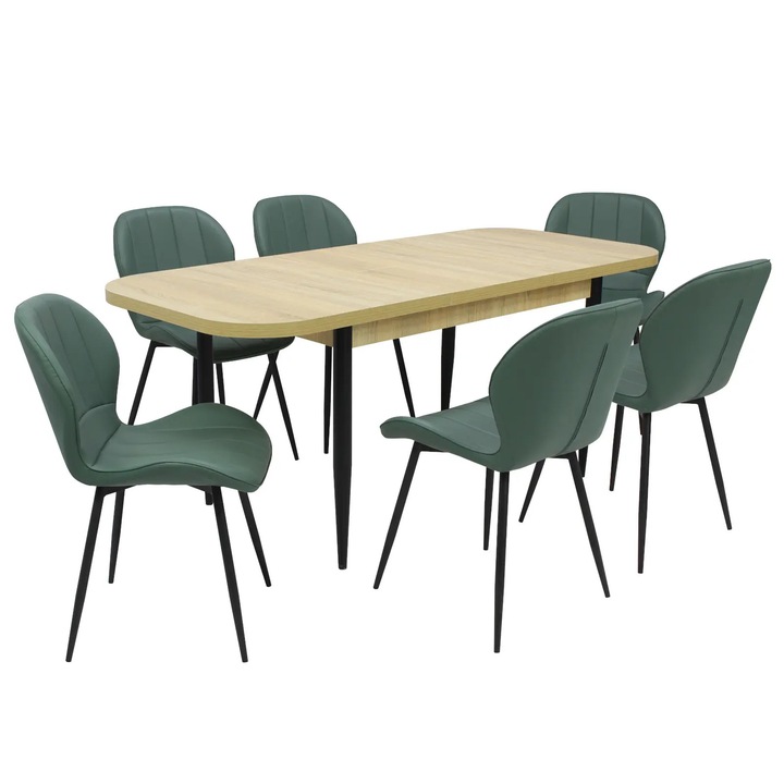 Set masa extensibila Viena Stejar cu 6 Scaune Piele Topaz Verde Fistic, picioare negre, tapiterie din piele ecologica, dreptunghiulara, blat din PAL laminat, 140x80x75 cm