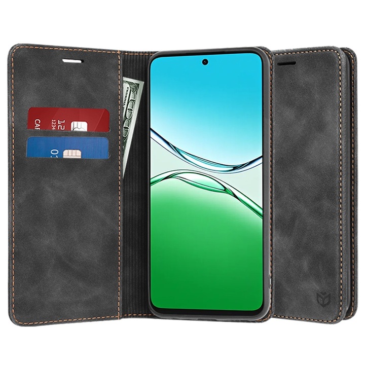 Калъф за Oppo A5 4G / A5 5G DaDen® тип книга, Confy Cover, с отделение за карти, функция стойка и магнитно закопчаване, повишена защита, екологична кожа, черен