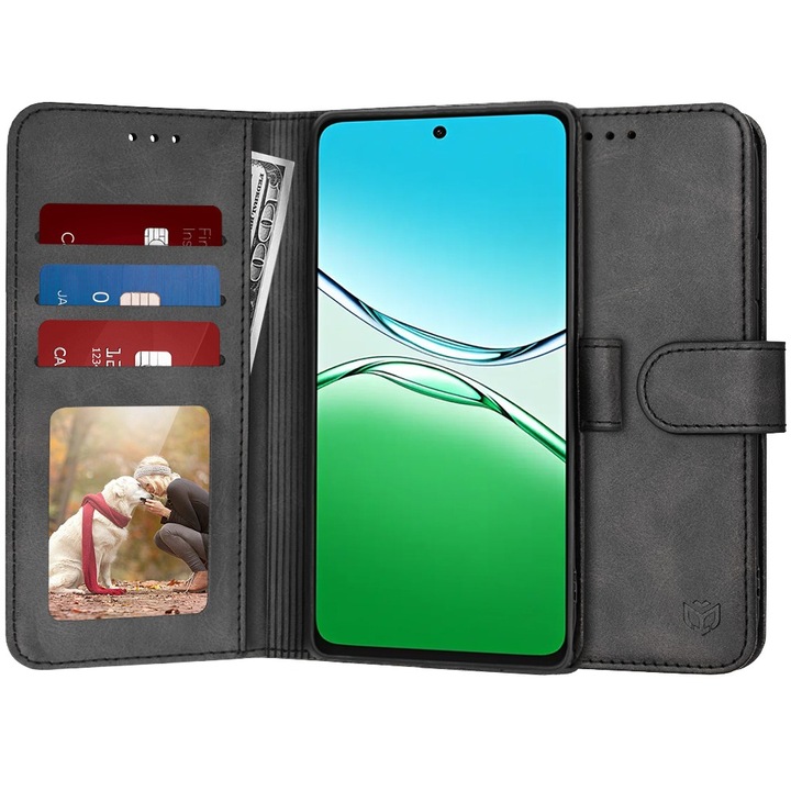 Husa pentru Oppo A5 4G / A5 5G DaDen® Tip Carte, Diary Book, Suport card, Functie de Stand si Inchidere Magnetica, Protectie Sporita, Piele ecologica, Negru