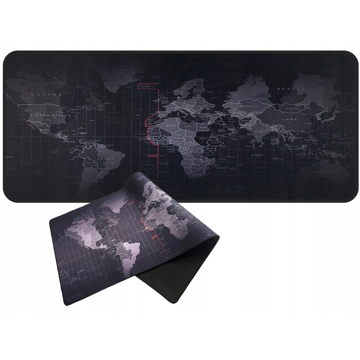 Mousepad VarioShop Harta Lumii, Antiderapant, Rezistent la Apa, Negru/Gri, 88x30cm