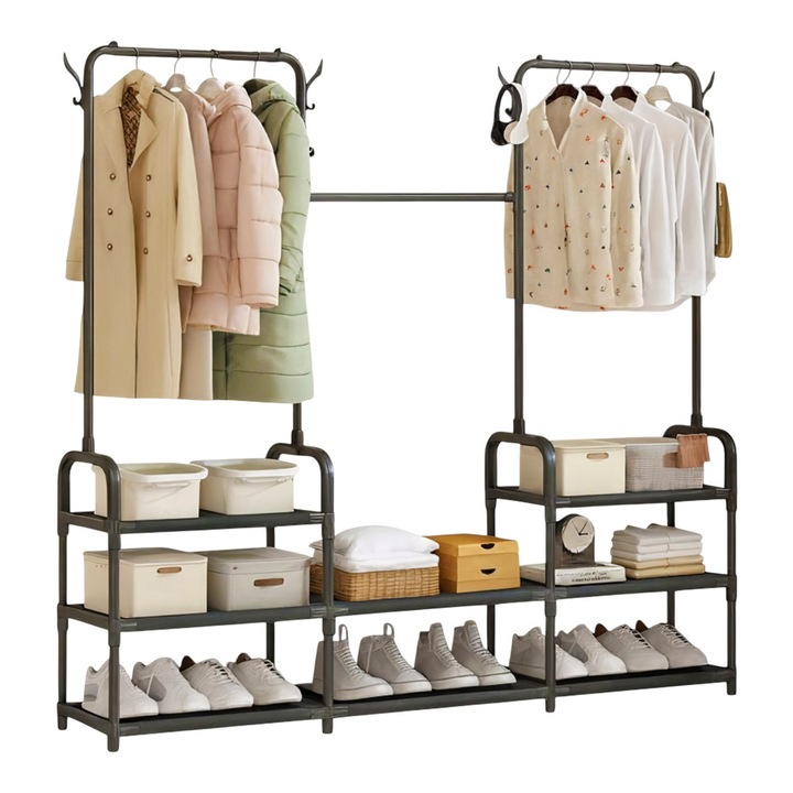 Suport de Haine Suspendat, din Metal, Organizare Spatiu, Polita de Depozitare pentru Pantofi, Cizme, Durabil si Stabil, Carlige Laterale pentru Genti, Palarii, Cadrul Inferior Robust, 164 x 137 x 26 cm, Negru