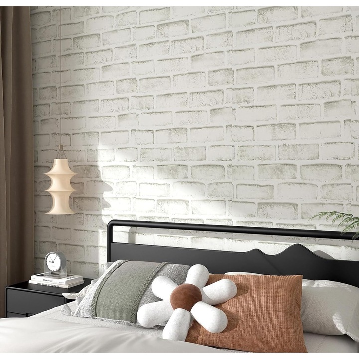 Tapet autoadeziv din PVC, aspect caramizi albe, rezistent la apa si la ulei, adeziv puternic, usor de montat, pentru blaturi bucatarie, baie, pereti, 40 x 200 cm, nuante de alb