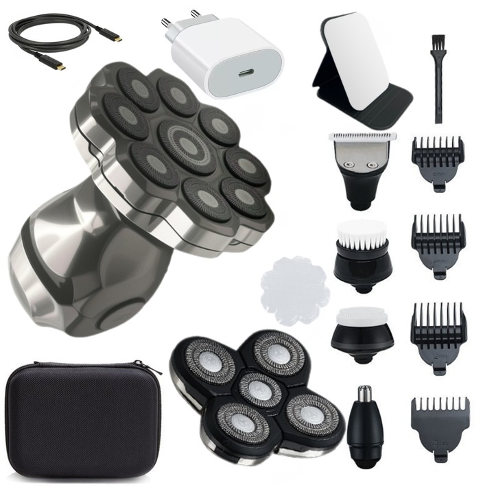 Aparat de Ras si Tuns Electric, Kit profesional de ingrijire, 9 Inele de lame duble– Set 15 in 1 pentru Cap & Barba, Digital Display, 600mAh, 249g, USB-C, Trimmer nas si barba, Husa Depozitare + Cap cu 5 Inele, Oglinda Portabila, CuloareGri
