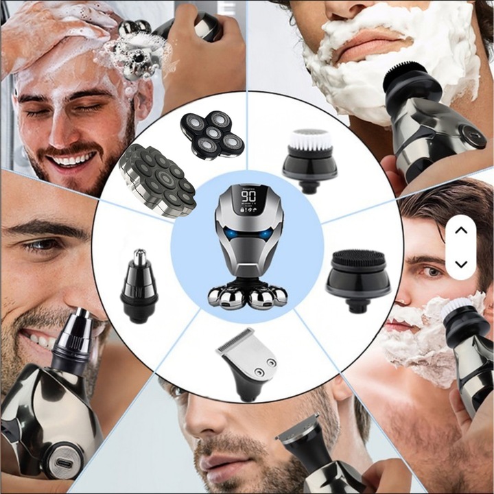 Aparat Ras si Tuns Electric, Aparat bierberit, Aparat Ras Electric, Shaver, 9 Inele de lame duble– Set 15 in 1 pentru Cap & Barba, Digital Display, 600mAh, 249g, USB-C, Trimmer nas si barba, Husa Depozitare + Cap cu 5 Inele, Oglinda Portabila, Gri