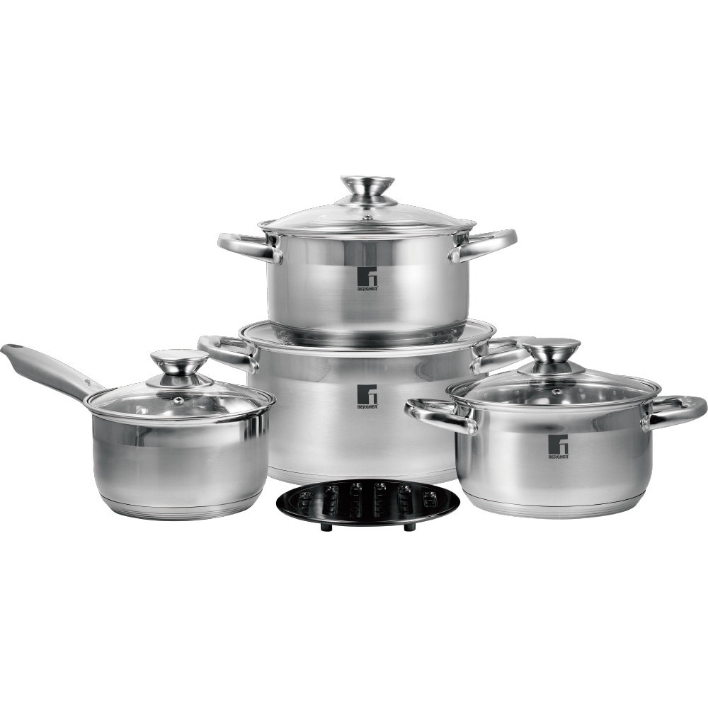 Set 4 oale cu capac (9 piese) Bergner Berlin, inductie, inox, Ø16 x 9.5 cm/1.8L, Ø18 x 10.5 cm/2.6L, Ø20 x 11.5 cm/3.6L, Ø24 x 13.5 cm/6.1L + suport termic Ø16.5 cm