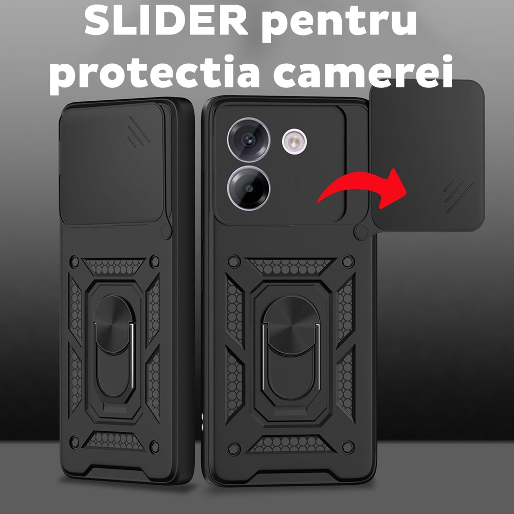 Husa pentru Xiaomi 17T Pro cu inel rotativ 360 Daden, Camshield series, Hybrid Antisoc, Slider pentru protectia camerei, Negru