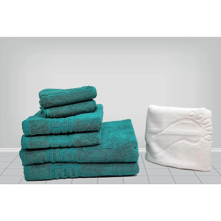 Set 7 prosoape pakistaneze din bumbac, bordura greceasca, verde inchis