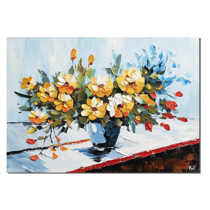 Tablou 3D vaza cu flori pictat manual living, dormitor, 70x50cm ulei pe panza, Valentin Pop