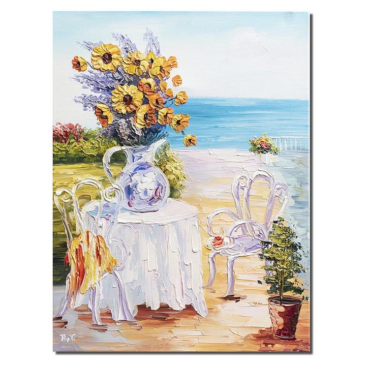 Tablou floarea soarelui pictat manual, O zi minunata la malul marii, 70x50cm ulei in cutit efect 3D, Valentin Pop