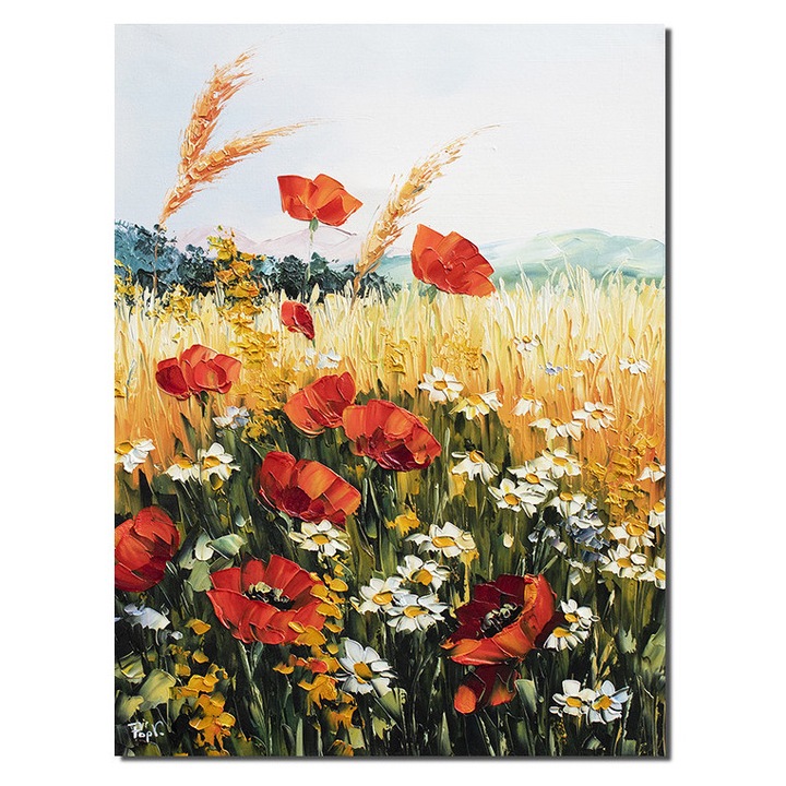Tablou cu margarete, maci si spice de grau pictat manual, 70x50cm ulei in cutit efect 3D, Valentin Pop