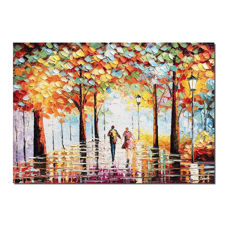 Tablou 3D indragostiti pictat manual, Noi doi pe aleea vietii, stilizat, 70x50cm ulei pe panza, Leonard Covaci