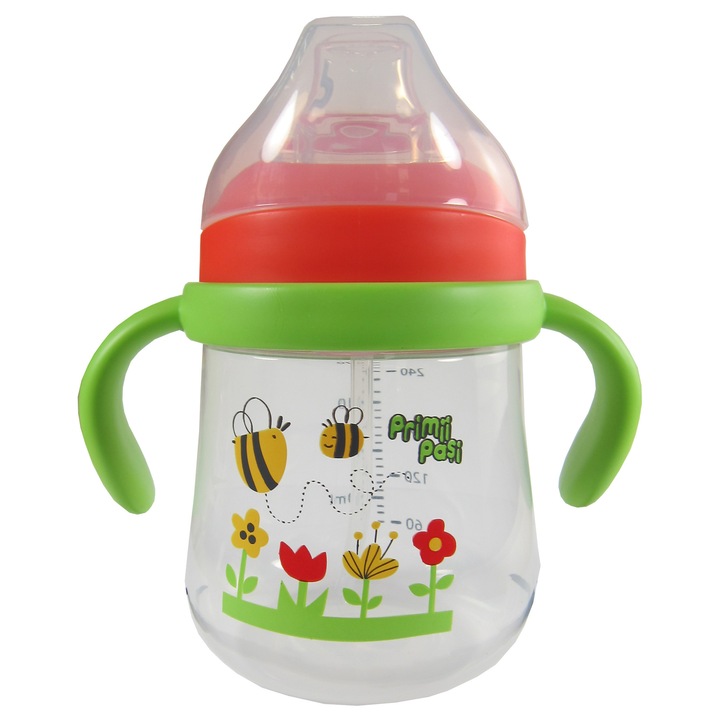 Csőrös bögre, Primii Pasi, 270ml, ergonomikus fogantyúk, lehajtható fedél