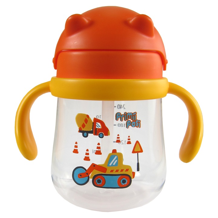 Primii Pasi sport itatópohár, 270ml, szívószállal és ergonomikus fogantyúkkal, felhajtható kupakkal, 9-12 hónapos/2 éves korig