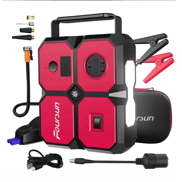 Starter auto Foursun 4000A cu compresor 150PSI, baterie 26800mAh, roșu, portabil
