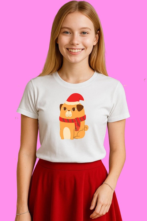 Tricou Dama Catel Cu Fular Si Caciula Rosie, Alb