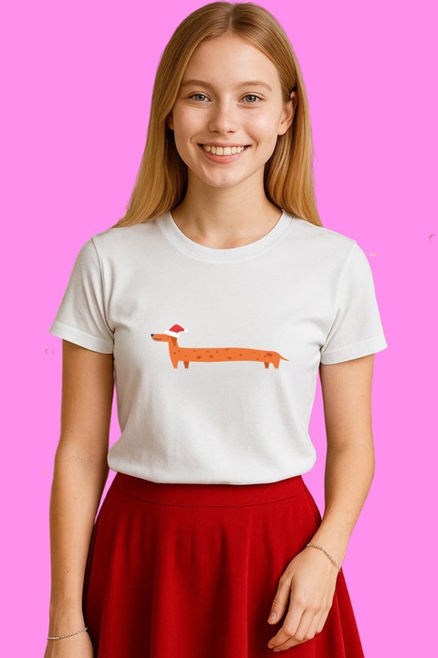 Tricou Dama Catel Lung Cu Caciula Rosie, Alb