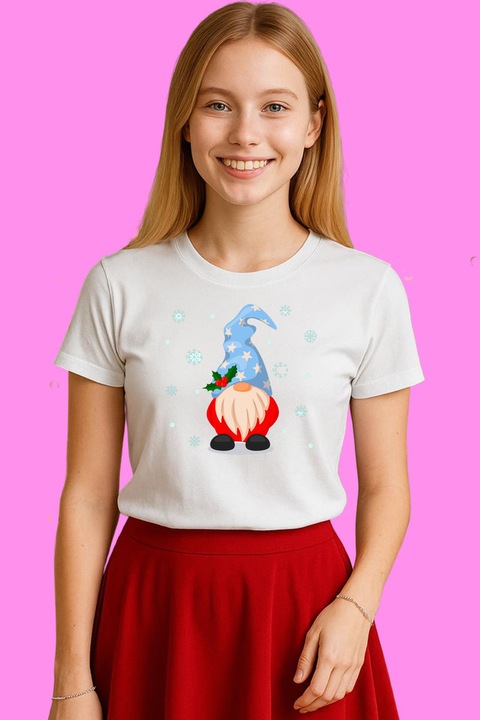 Tricou Dama Gnome Albastru Cu Fulgi, Alb