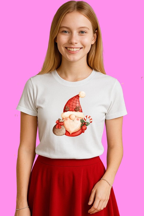 Tricou Dama Gnome Mos Craciun Roz, Alb