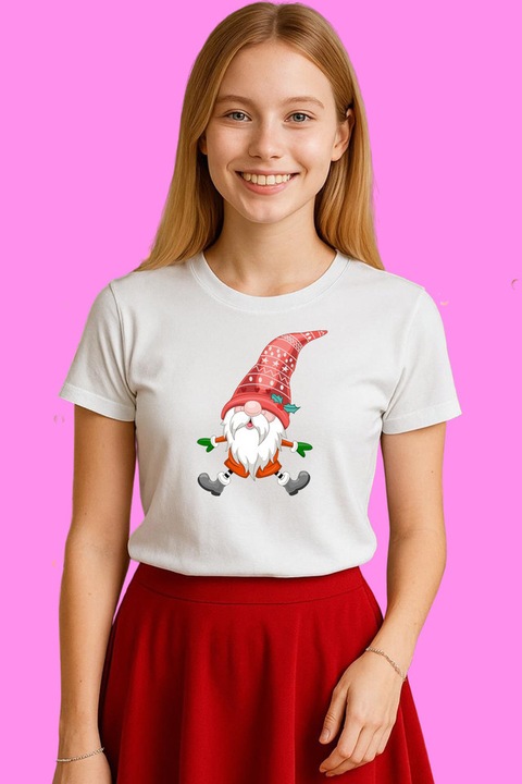 Tricou Dama Gnome Portocaliu Cu Glob, Alb