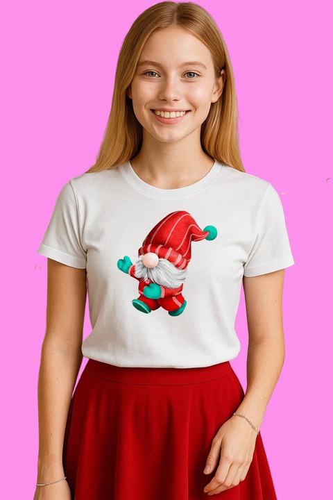 Tricou Dama Gnome Turcoaz Cu Palarie Lunga, Alb