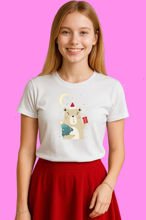 Tricou Dama Urs Polar Cu Brad Si Luna, Alb